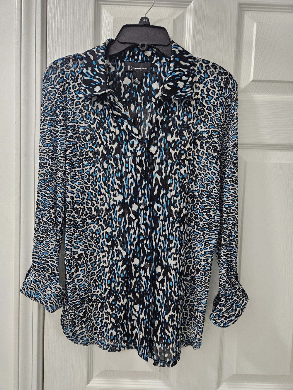 INC Black White and Blue Animal-Print Button-Down Blouse. XL